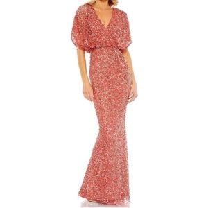 Mac Duggal Draped Sleeve V Neck Gown in Paprika